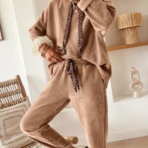 B347 Dark Khaki Leopard Drawstring Pullover Hoodie and High Waist Pants Corduroy